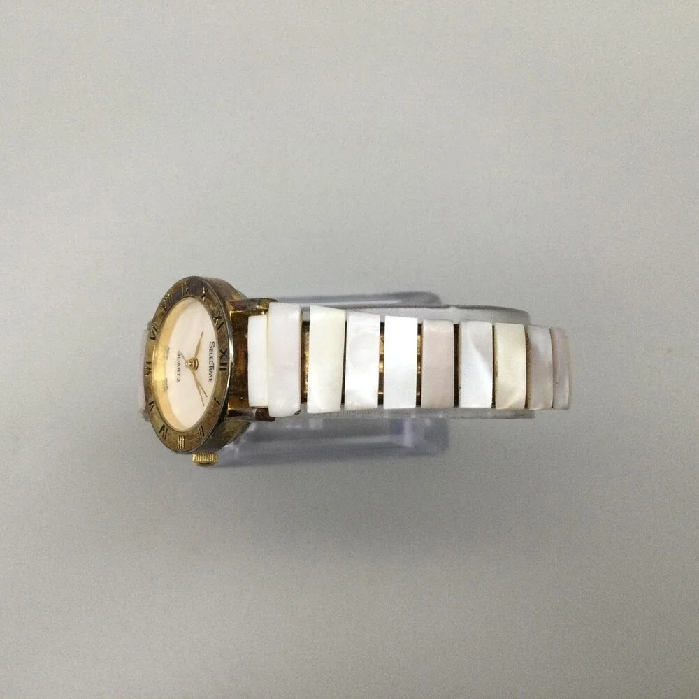 SelecTime Womens Watch 24mm MOP Dial Gold Bezel Stretch Band New Battery